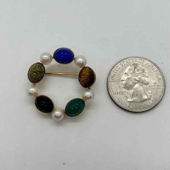 Vtg Wells Brooch Egyptian Revival Scarab Stone14k Gold-Filled Faux Pearl Wreath - Picture 11 of 14